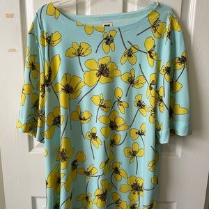 Anne Klein elbow sleeve Floral Print top blue Yellow Flowers xxl 2x